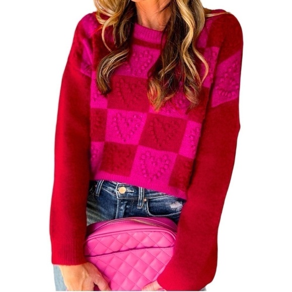 Multicolor Checkered Pattern Heart Detail Textured Sweater Women’s Size Large - Picture 1 of 5